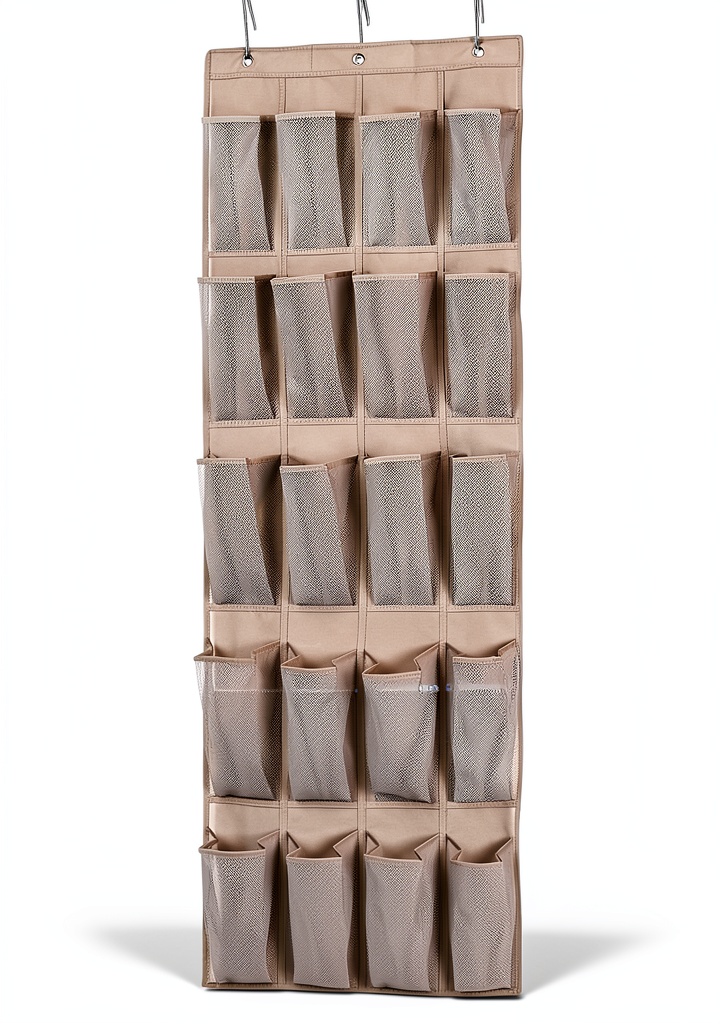Amazon Basics mesh shoe organizer hanging on a bedroom door