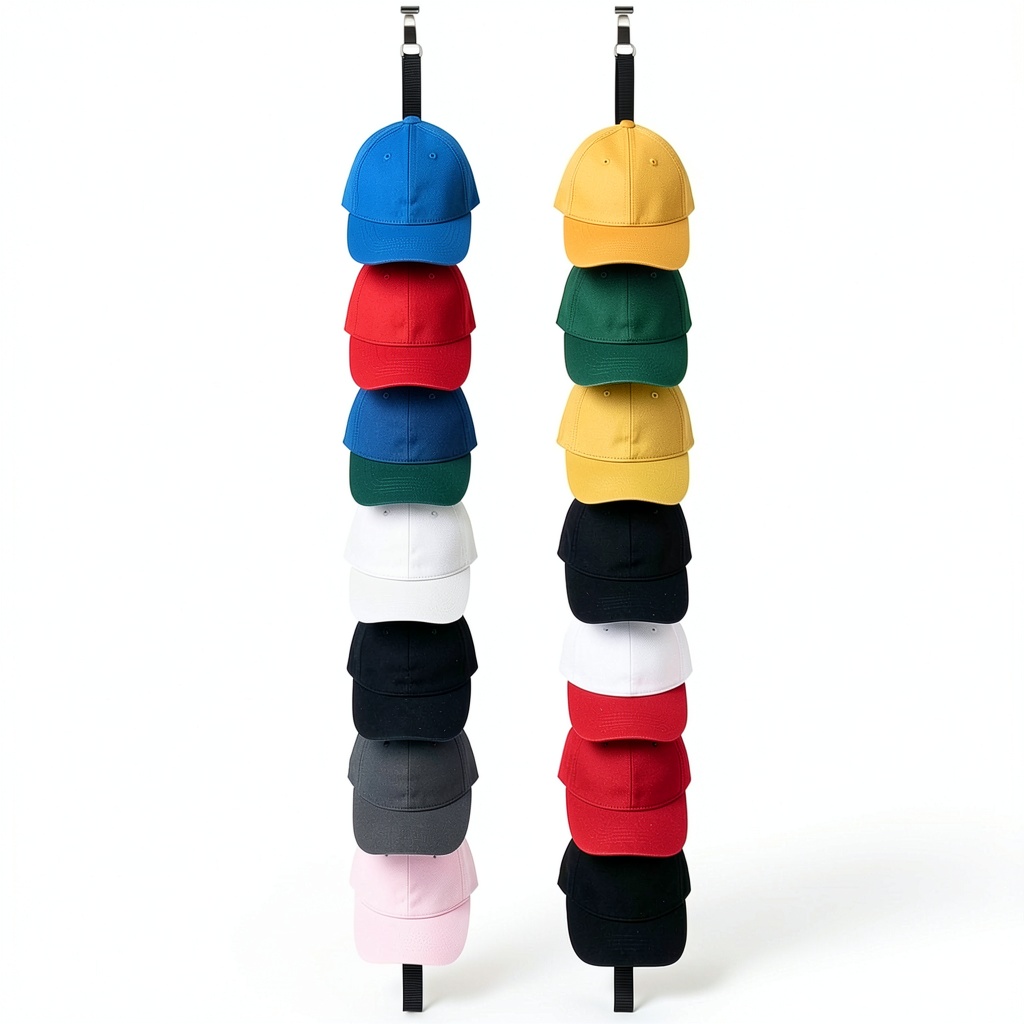 Jokari hat rack installed on a white door with various caps