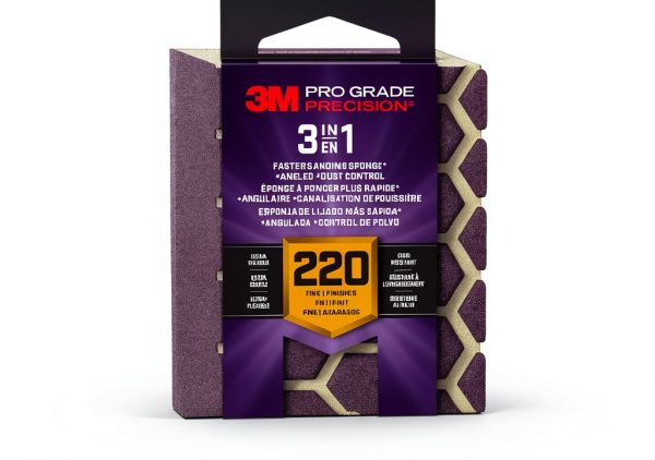 3M DCDA220-PGP-1T Pro Grade Precision 3-in-1 Angled Faster Sanding Sponge, 220-Grit Extra-Fine, 2.5" x 4.5" x 1"-1