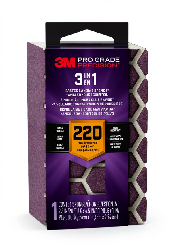 3M DCDA220-PGP-1T Pro Grade Precision 3-in-1 Angled Faster Sanding Sponge, 220-Grit Extra-Fine, 2.5" x 4.5" x 1"-0